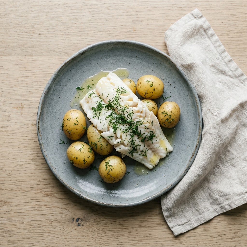 Artist's impression of a plate of cod with potatoes and dill