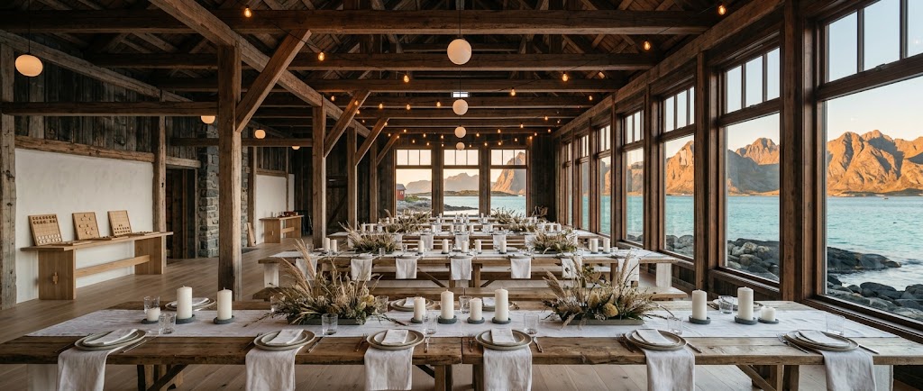Artist's impression of a banquet in the long rorbu hall: long tables under timber beams and strings of lights, with windows onto the mountains