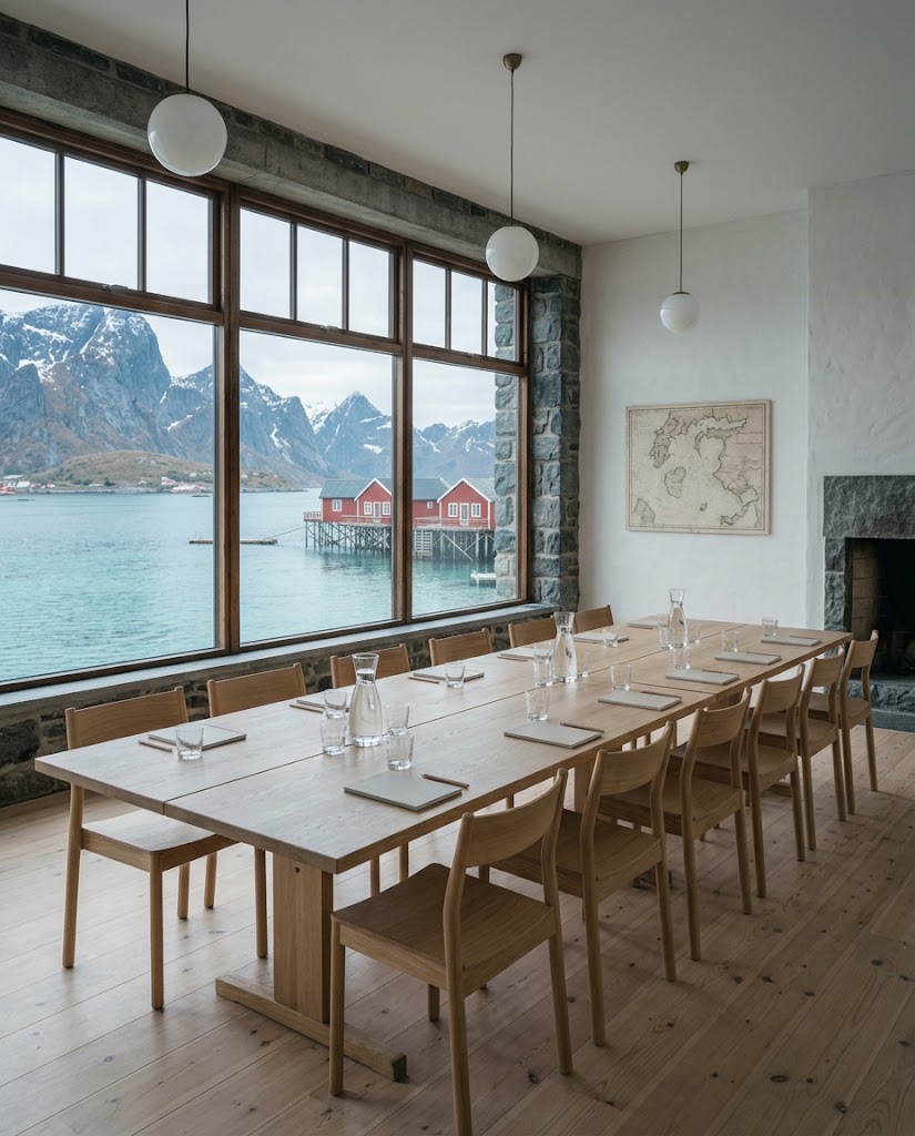Artist's impression of a meeting room with a long wooden table and tall windows onto the sea