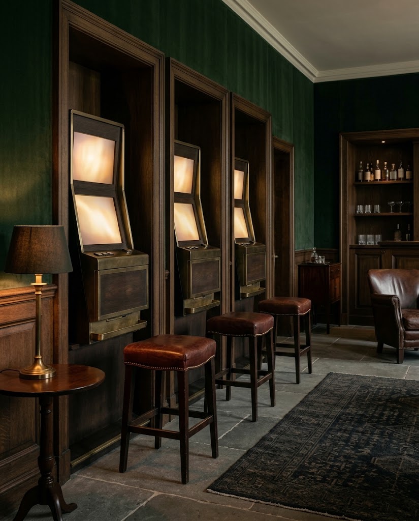Artist's impression of discreet gaming machines set into wooden alcoves, with an abstract glow from the screens