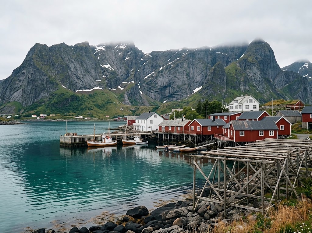 Artist's impression of a harbour of red houses and fish-drying racks below grey mountains